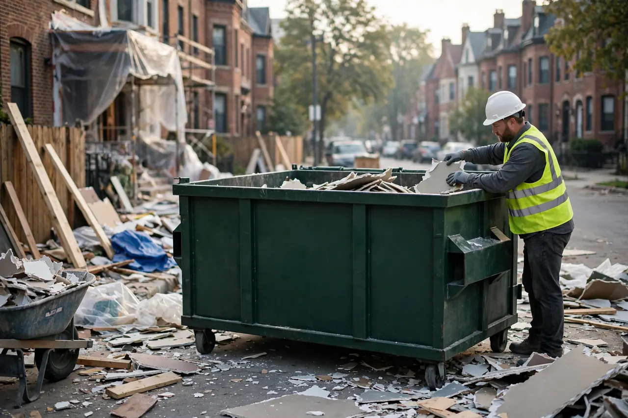 Worker loading broken drywall into a green roll-off dumpster during a Chicago home renovation